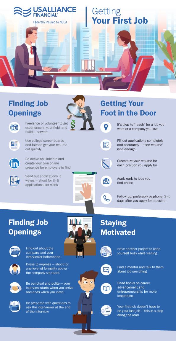 Infographic with job hunting tips titled "Getting Your First Job" by USALLIANCE Financial.