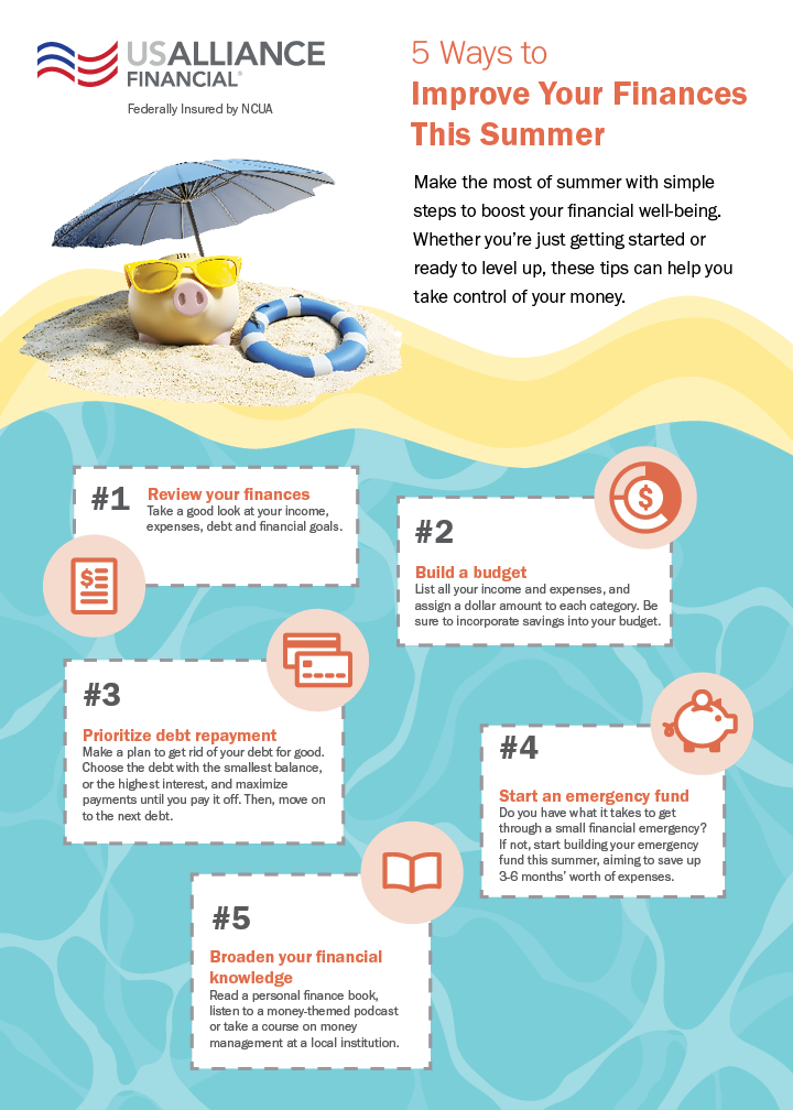 5 Ways to Improve Your Finances This Summer" with steps and summer-themed graphics including a piggy bank on sand.